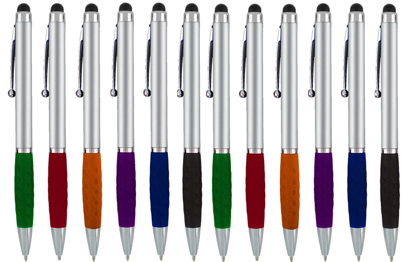 [Australia - AusPower] - Stylus Pens -2 in1 Capactive Touch Screen with Ballpoint Writing Pen Sensitive Stylus Tip For Your iPad iPhone Samsung Galaxy & All Smart Devices -Silver Barrel - Assorted Colors Comfy Grips, 12 Pack 