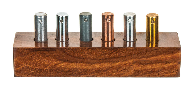 [Australia - AusPower] - 6pc Specific Heat Metal Cylinders Set - Copper, Lead, Brass, Zinc, Iron & Aluminum - Includes Wooden Storage Block - for Specific Heat, Specific Gravity & Density Experimentation - Eisco Labs 