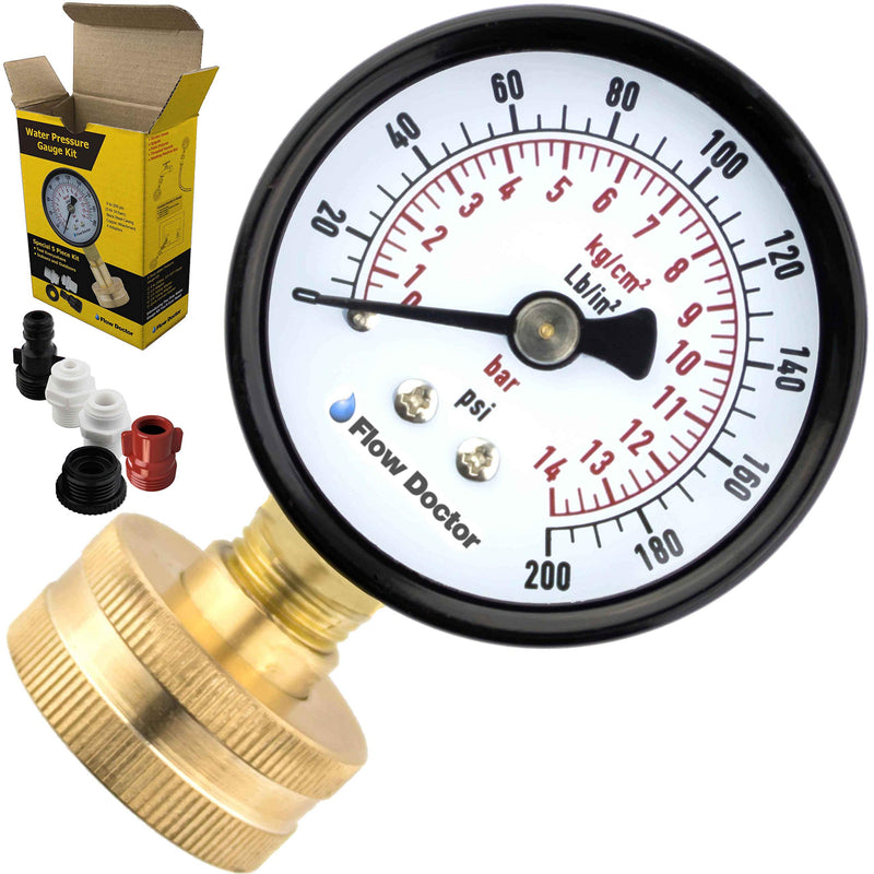 [Australia - AusPower] - Flow Doctor Water Pressure Gauge Kit, All Purpose, 6 Parts Kit, 0 to 200 Psi, 0 to 14 Bars, Standard 3/4" Female Garden Hose Thread Plus 5 Adapters to Test in Multiple Locations Indoors and Outdoors 