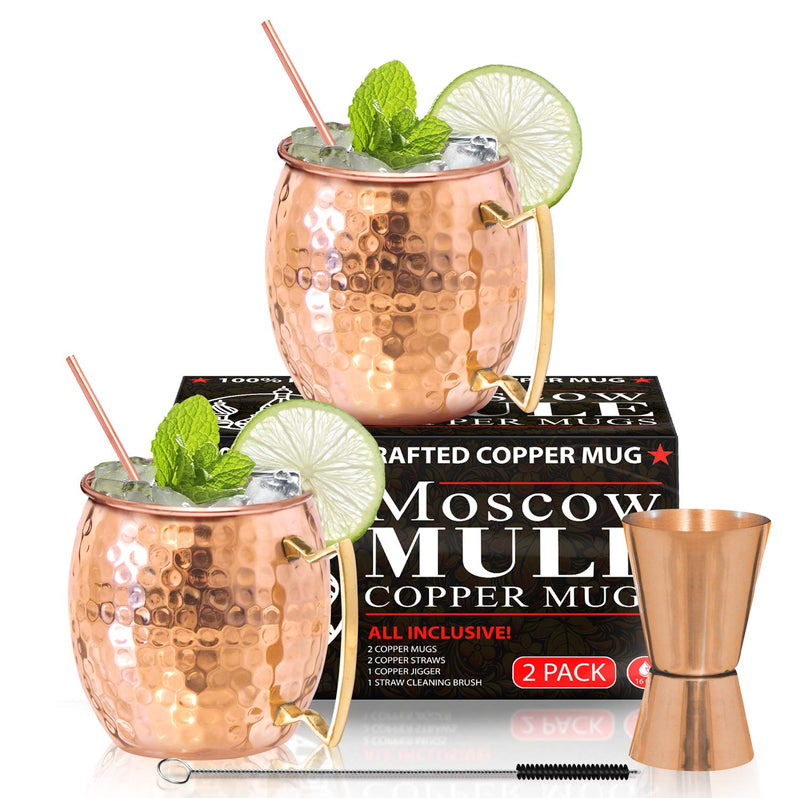 [Australia - AusPower] - Moscow Mule Copper Mugs - Set of 2 - 100% HANDCRAFTED - Food Safe Pure Solid Copper Mugs - 16 oz Gift Set with BONUS - Premium Quality Cocktail Copper Straws, Straw Cleaning Brush and Jigger! 