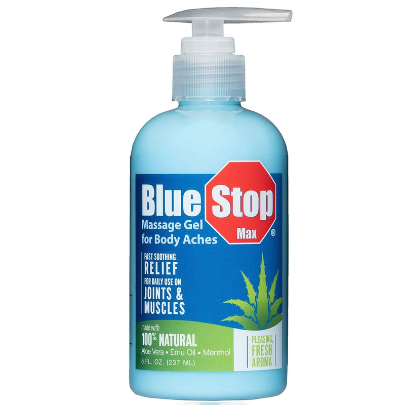 [Australia - AusPower] - Blue Stop Max Massage Gel and Muscle Rub Made with Aloe Vera, Emu Oil, and Menthol - Provides Muscle, Joint, and Body Ache Relief - Non-Greasy for Everyday Relief - 8 Oz Pump Bottle 8 Fl Oz (Pack of 1) 