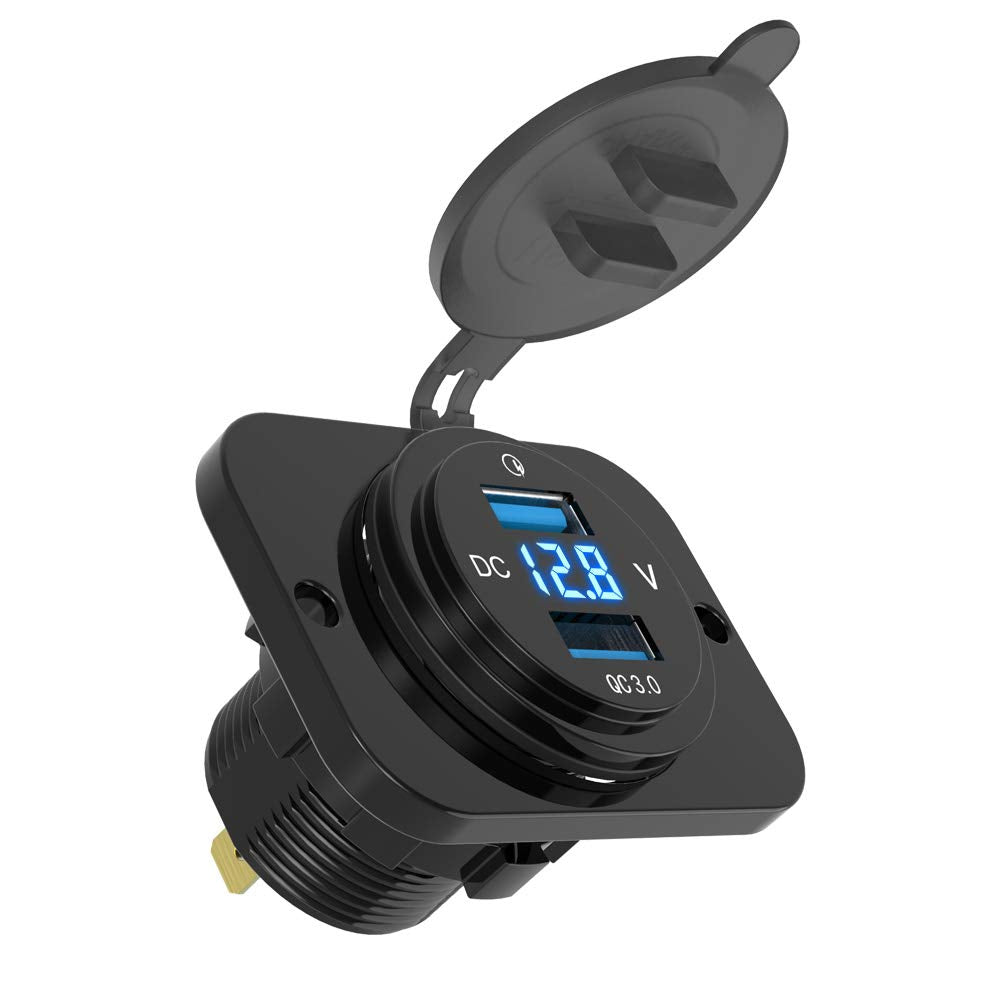 [Australia - AusPower] - MICTUNING Dual USB Charger Socket 2.1A & 2.1A Power Outlet with Digital Voltmeter Blue LED Light 12-24V for Car Boat Marine Mobile 