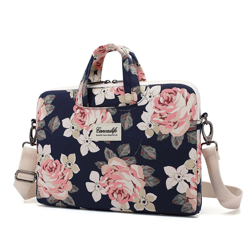 [Australia - AusPower] - Canvaslife White Rose Patten Waterproof Laptop Shoulder Messenger Bag Case Sleeve for 14 Inch 15 Inch Laptop Case Laptop Briefcase 15.6 Inch 15 inch/15.6 inch 