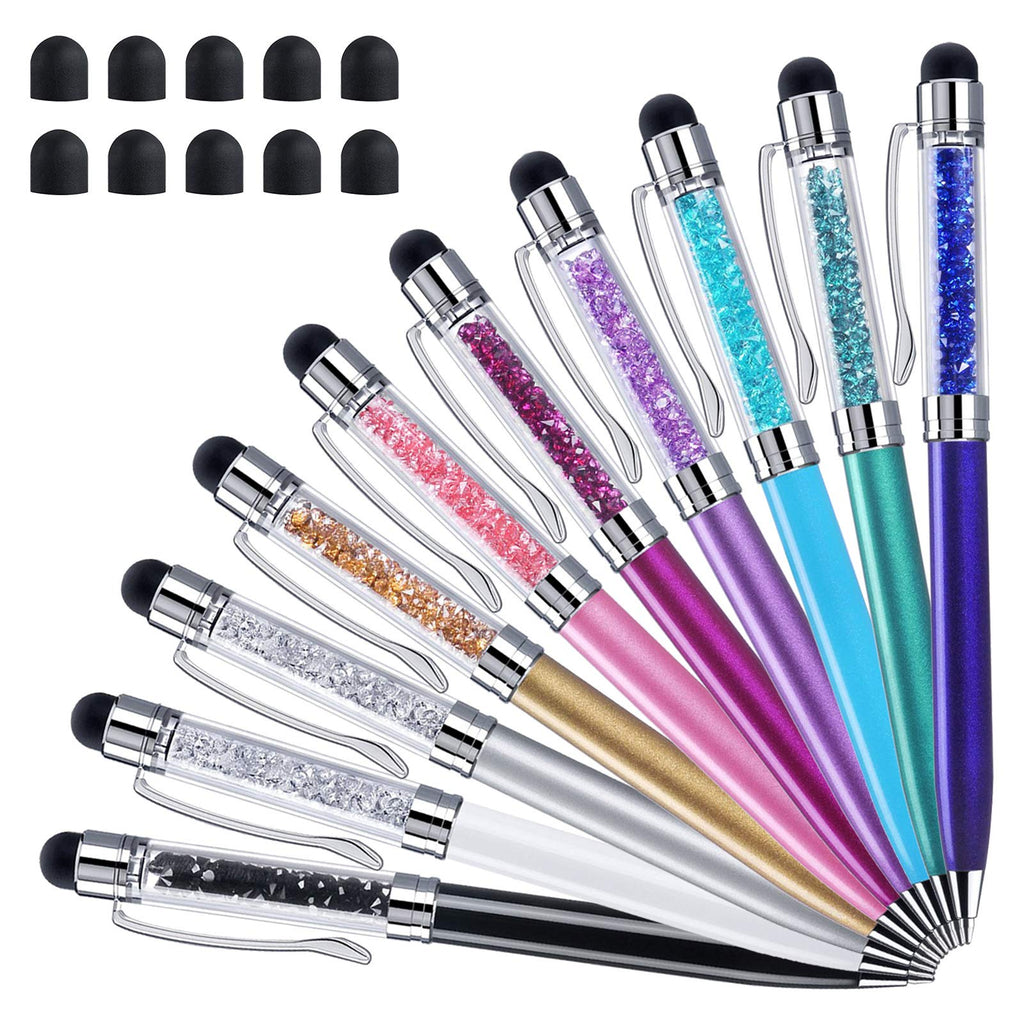 [Australia - AusPower] - Stylus Pens for Touch Screens, ChaoQ 2 in 1 Crystal Stylus Ballpoint Pen (10-Pack), 1.0mm Medium Point (Black Ink), with 10 Replaceable Rubber Tips 10 Colors - black/silver/green/sky blue/purple 