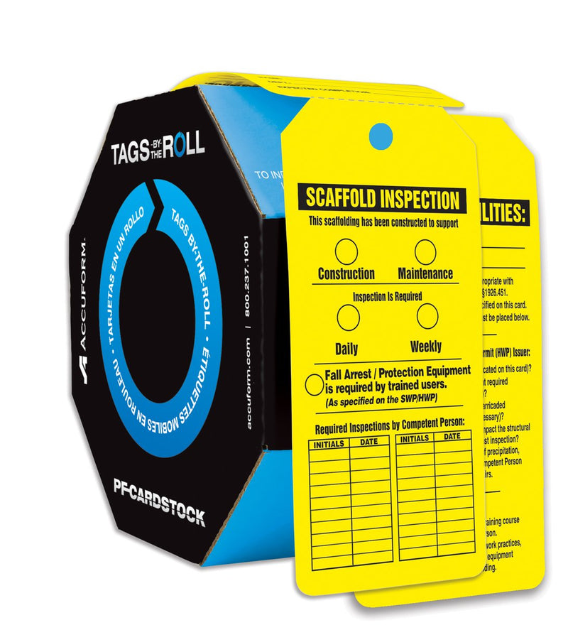 [Australia - AusPower] - Accuform TAR718 Tags by-The-Roll Inspection and Status Tags, Legend"Scaffold Inspection", 6.25" Length x 3" Width x 0.010" Thickness, PF-Cardstock, Black on Yellow (Pack of 100) 
