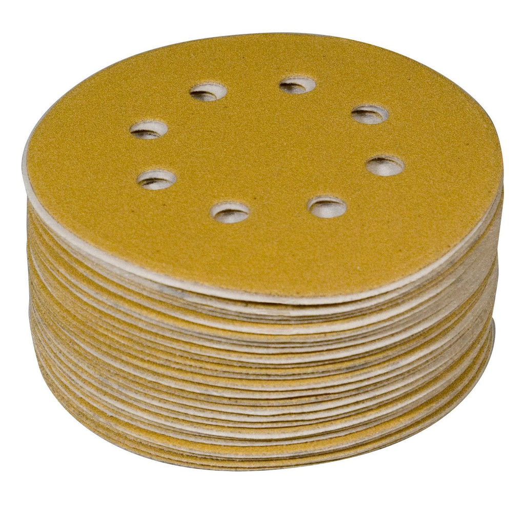 [Australia - AusPower] - POWERTEC 44006G-50 Gold 5” Hook and Loop Sanding Disc | 8 Hole | 60 Grit – 50 Pack 