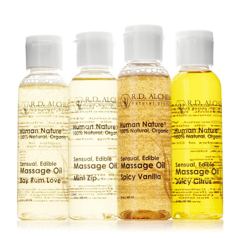 [Australia - AusPower] - RD Alchemy - 100% Natural & Organic Edible Massage Oil Sample Pack. Contains All 4 Flavors - Bay Rum Love, Juicy Citrus, Spicy Vanilla, Mint Zip for Soothing Massage, Bath & Body Oil. 2 Ounce (Pack of 4) 