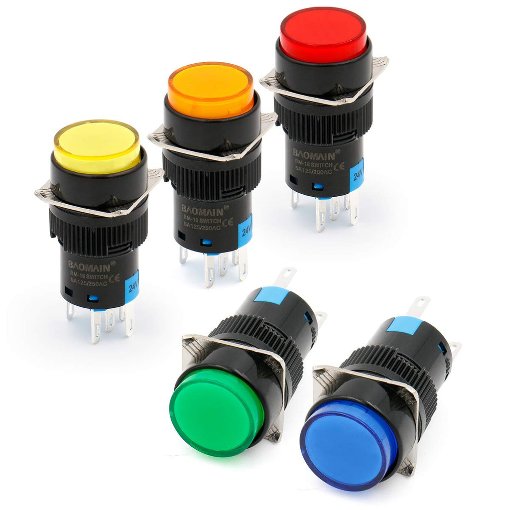 [Australia - AusPower] - Baomain 16mm Push Button Switch Momentary Round Cap LED Lamp Red Yellow Orange Blue Green Light DC 24V SPDT 5 Pin 5 Pack 