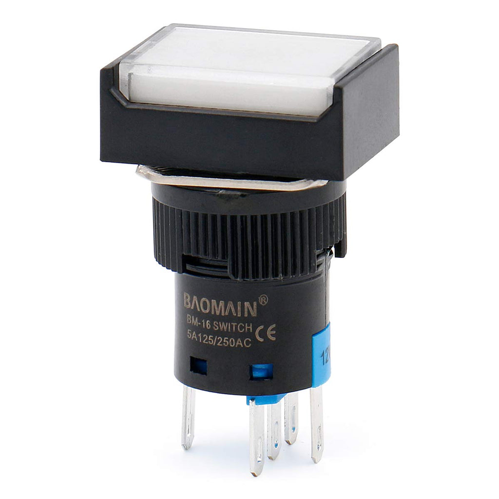 [Australia - AusPower] - Baomain 16mm Push Button Switch Momentary Rectangular Cap LED Lamp White Light DC 12V SPDT 5 Pin Pack of 5 