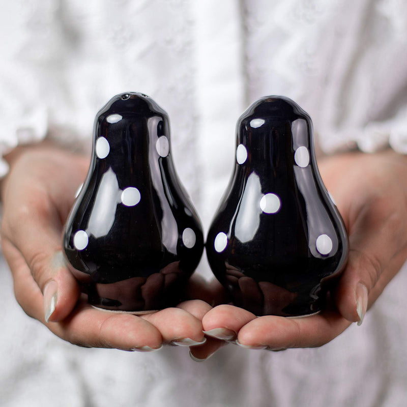 [Australia - AusPower] - Handmade Black and White Polka Dot Ceramic Salt and Pepper Pots, Shakers, Cruet Set, Holder, Housewarming Gift by City to Cottage® 