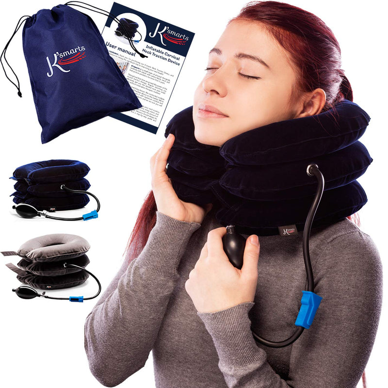 [Australia - AusPower] - Pinched Nerve Neck Stretcher Cervical Traction Device for Home Pain Treatment | Inflatable Spinal Decompression Collar Unit Muscle Strain Injury Relief | Herniated Disc Problems Remedy Kit (Blue) Blue 