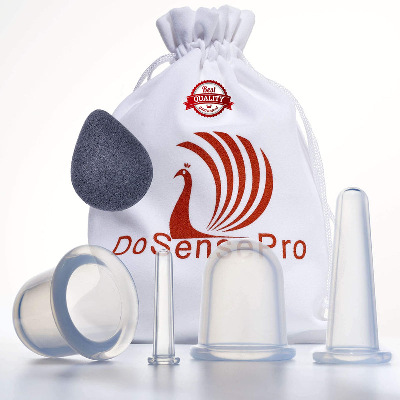 [Australia - AusPower] - Facial Cupping Set Anti Aging - Face and Body Relaxation Gift - Natural Face Lift by DoSensePro - Improve Face, Eyes and Neck Skin Wrinkles + Bonus Konjac Sponge - Anti Cellulite Cupping Therapy Set (2L 1M 1S) 5 Piece Set 