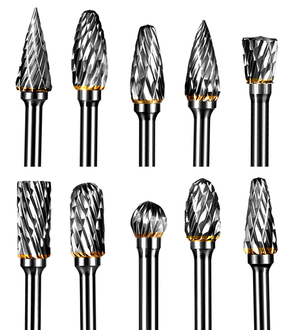 [Australia - AusPower] - YXGOOD 10 Pieces Tungsten Carbide Double Cut Rotary Burr Set with 3 mm (1/8 Inch) Shank and 6 mm (1/4 Inch) Head Size (Style 1) 