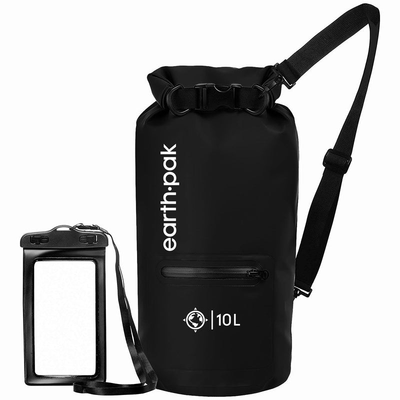 [Australia - AusPower] - Earth Pak- Waterproof Dry Bag with Front Zippered Pocket Keeps Gear Dry for Kayaking, Beach, Rafting, Boating, Hiking, Camping and Fishing with Waterproof Phone Case Black 10L 