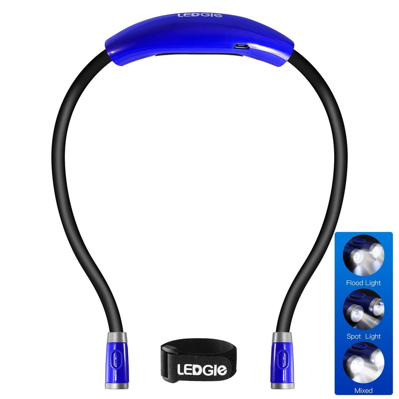 [Australia - AusPower] - Neck Reading Light USB Rechargeable - LEDGLE Book Light for Reading in Bed with 4 LED 3 Brightness Levels 2 Flexible Soft Silicone Arms - Hands Free Lamp for Reading Knitting Craft Camping Repairing Blue 