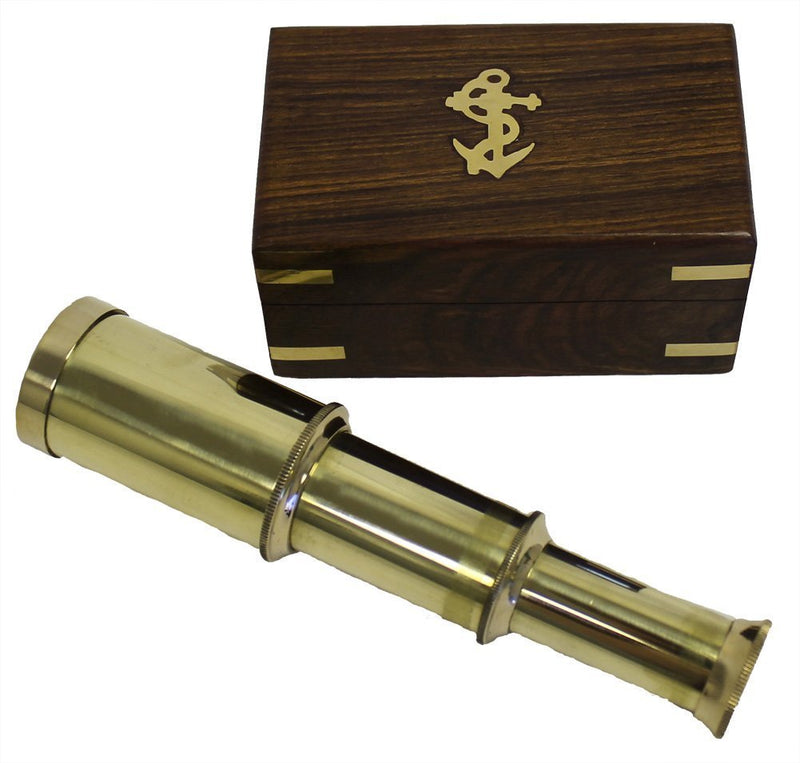 [Australia - AusPower] - 6 Solid Brass Handheld Telescope - Nautical Pirate Spy Glass with Wood Box 