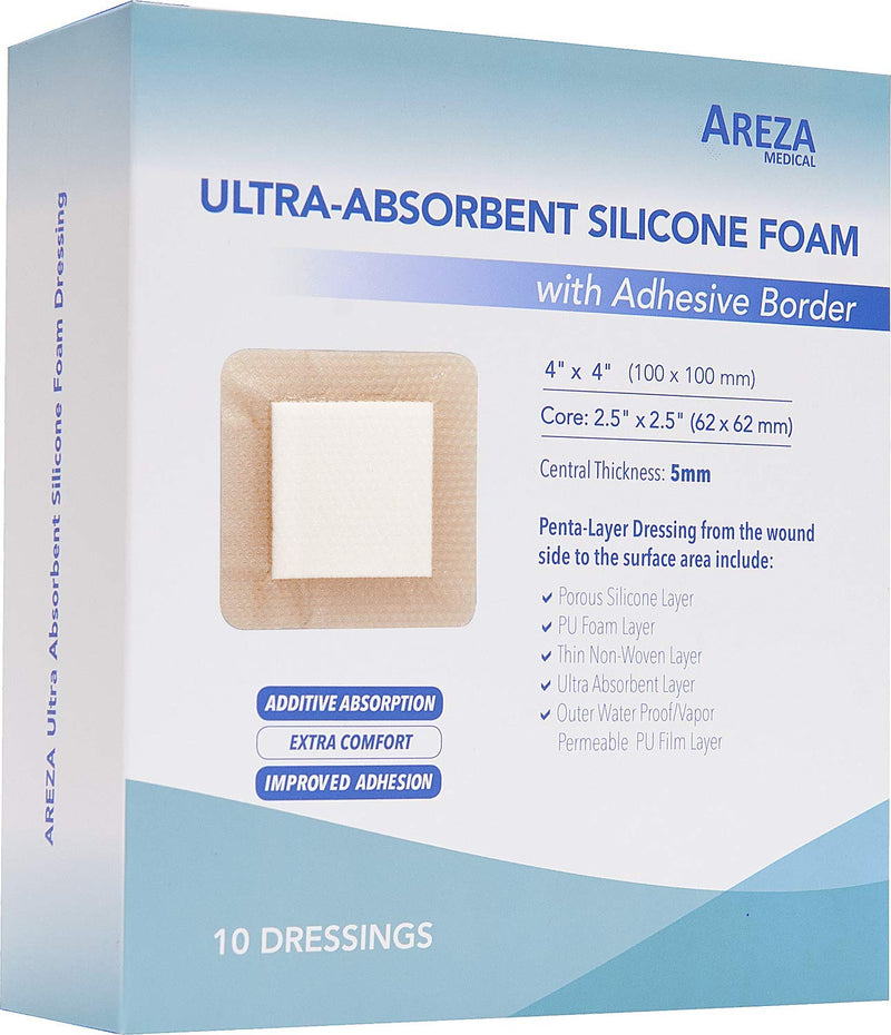 [Australia - AusPower] - Ultra-Absorbent Silicone Foam Dressing with Border (Adhesive) Waterproof 4" X 4" (10 cm X 10 cm) (Central Ultra-Absorbent Foam 2.5" X 2.5") 10 Per Box (1) Wound Dressing by Areza Medical 1 
