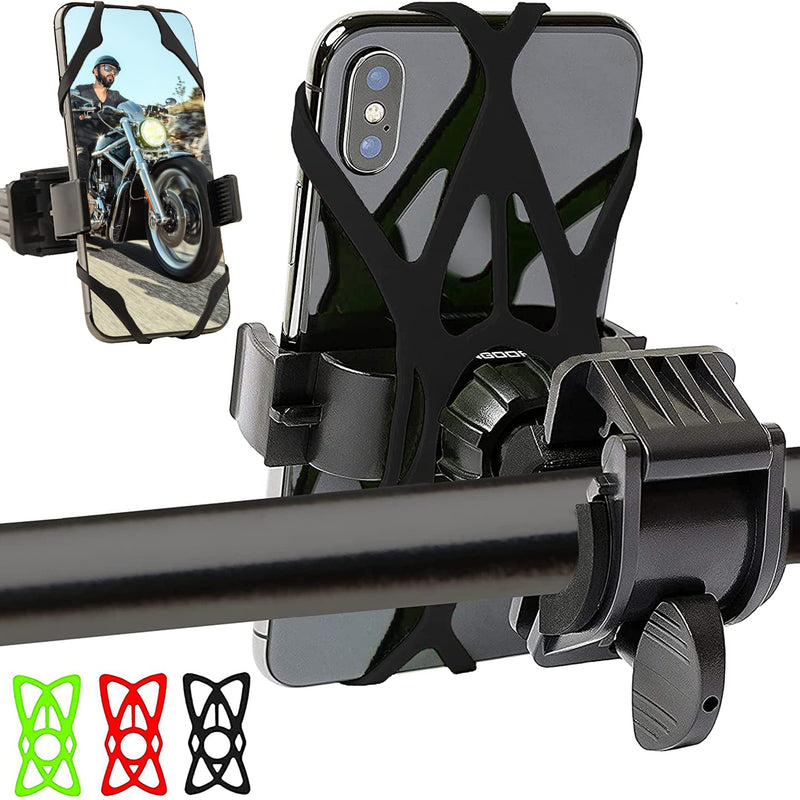 [Australia - AusPower] - Mongoora Bike & Motorcycle Phone and GPS Mount w/ 3 Bands (Black, Red, Green) Cell Phone Holder for Bicycle Handlebar Easy to Install Bike Accessories Fits iPhone 12 11 X 8 8 Plus, Galaxy S21 S20 S10 