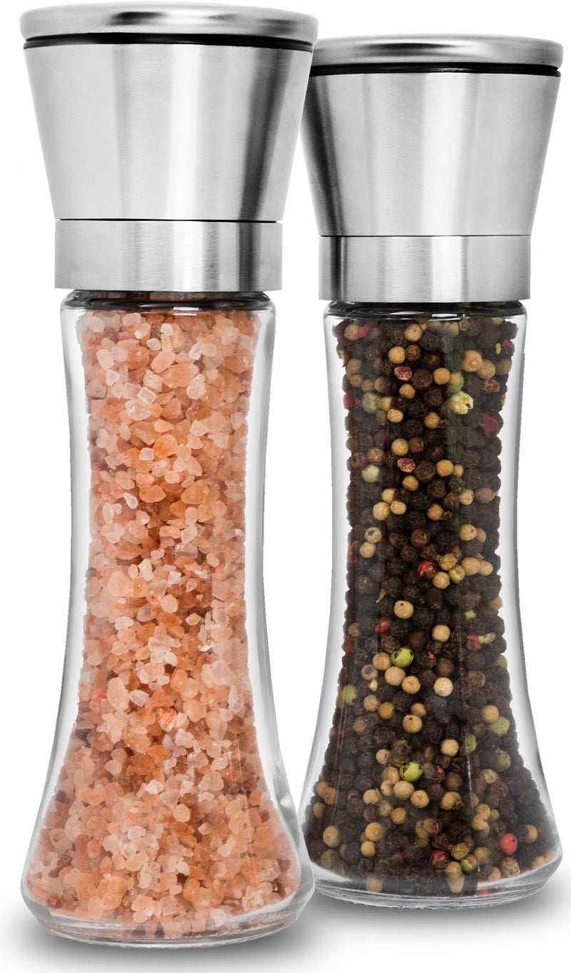 [Australia - AusPower] - HOME EC Premium Stainless Steel Salt and Pepper Grinder Set of 2 - Adjustable Ceramic Sea Salt Grinder & Pepper Grinder - Tall Glass Salt and Pepper Shakers - Pepper Mill & Salt Mill W/Funnel & Ebook 
