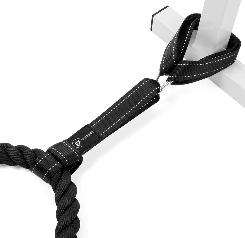 [Australia - AusPower] - Battle Rope Anchor Strap Kit | Heavy Duty Reinforced Nylon | Easy and Fast Setup | Stops Rope Damage | Stainless Steel Carabiner | Includes Exercise Guide | Black with White Stripe 