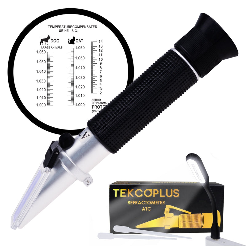 [Australia - AusPower] - Clinical Refractometer,Tri-Scale-Serum Protein 2-14g/dl,Urine Specific Gravity 1.000-1.060SG for Veterinary Cat,Dog, Pets w/Extra LED Light and pipettes Urine SG / Serum Protein 