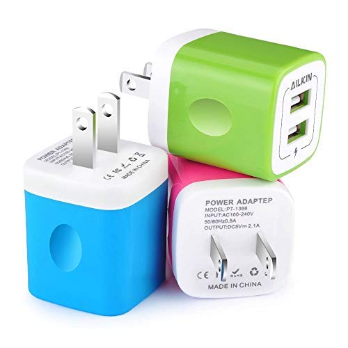 [Australia - AusPower] - Wall Charger, [3-Pack] 5V/2.1AMP Ailkin Colorful 2-Port USB Wall Charger Home Travel Plug Power Adapter Charging Block for iPhone 13 12 pro Max 11 10 SE X XR XS 8 Plus, Samsung Galaxy Note 20 LG Moto MultiColor1 
