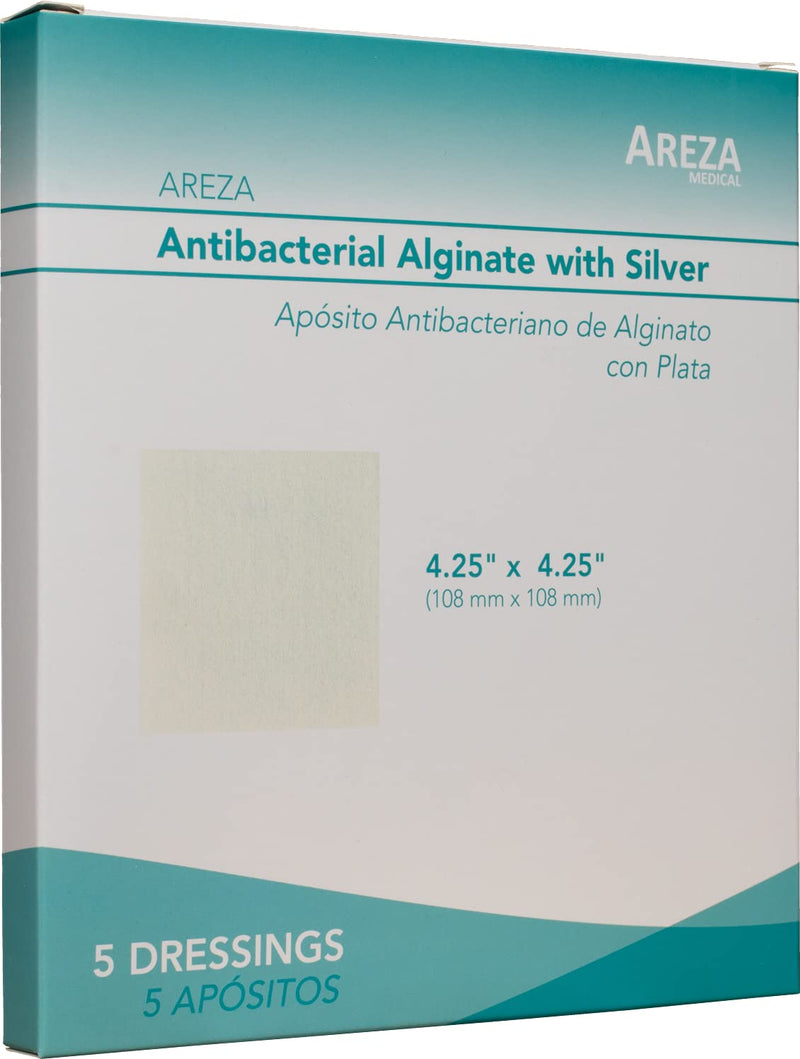 [Australia - AusPower] - Silver Alginate (Antibacterial Alginate with Silver) 4.25"x4.25" Sterile; 5 Wound Dressings Per Box (1) (4.25" X 4.25") (1) Areza Medical 1 