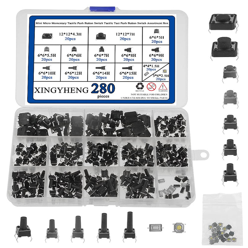 [Australia - AusPower] - XINGYHENG 280Pcs 6 * 6 * 5mm 4pin (14 Kinds,Each swith 20pcs) Mini Micro Momentary Tactile Push Button Switch Tactile Tact Push Button Switch Assortment Box 