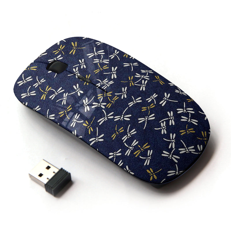 [Australia - AusPower] - KawaiiMouse [ Optical 2.4G Wireless Mouse ] Dragonfly Navy Blue Pattern Gold Spring 