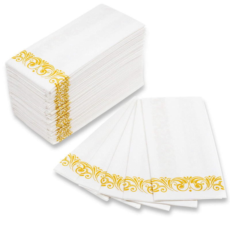 [Australia - AusPower] - Disposable Hand Towels for Bathroom – Elegant Guest Towels and Dinner Napkins Made of 17” x 12” Linen-Like Paper with Gold-Tone Filigree Borders (100 Pack) 