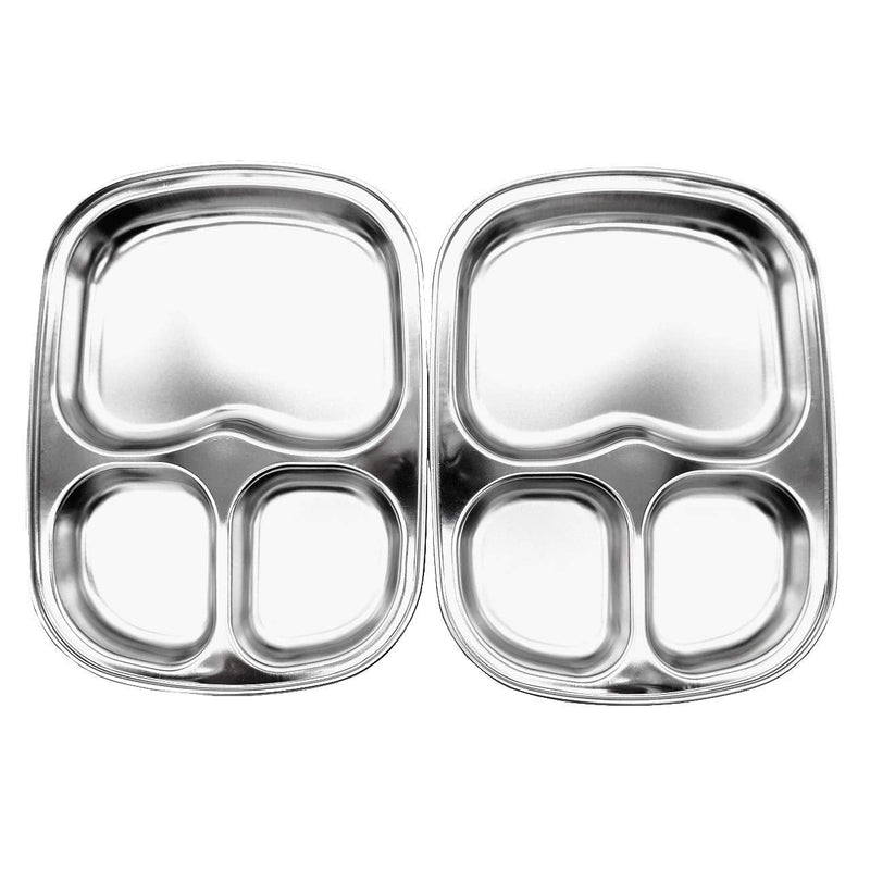 [Australia - AusPower] - Korean Stainless Steel Divided Plates by KS&E, Kids Toddlers Babies Tray, BPA Free, Diet Food Control, Camping Dishes, Compact Serving Platter, Dinner Snack, 3 Compartment Plate Silver, Set of 2 3 Compartments 