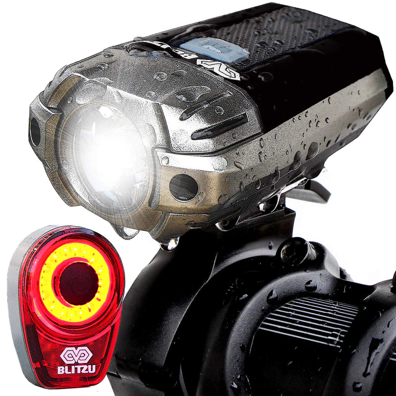 [Australia - AusPower] - BLITZU Gator 390 USB Rechargeable LED Bike Light Set, Bicycle Headlight Front Light & Free Rear Back Tail Light. Waterproof, Easy to Install for Kids Men Women Road Cycling Safety Commuter Flashlight Black 