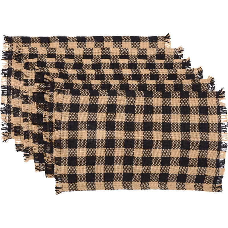 [Australia - AusPower] - VHC Brands Burlap Black Check Placemat Fringed Set of 6 12x18 Country Rustic Kitchen Tabletop Design, Black and Tan Placemat Set of 6 
