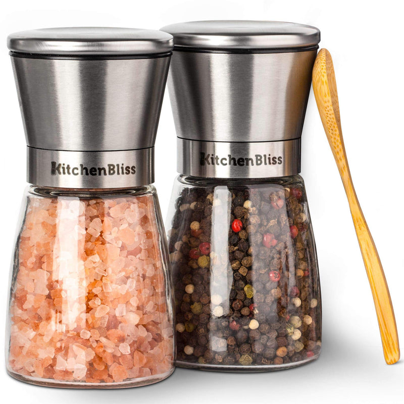 [Australia - AusPower] - Professional Salt and Pepper Grinder Set – Premium Stainless Steel Salt and Pepper Shakers with Ceramic Spice Grinder Mill for Adjustable Coarseness - Added Bonus a Bamboo spoon and a Cleaning Brush. 