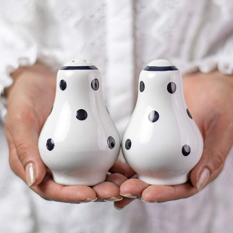 [Australia - AusPower] - Handmade White and Black Polka Dot Ceramic Salt and Pepper Pots, Shakers, Cruet Set, Holder, Housewarming Gift by City to Cottage® 