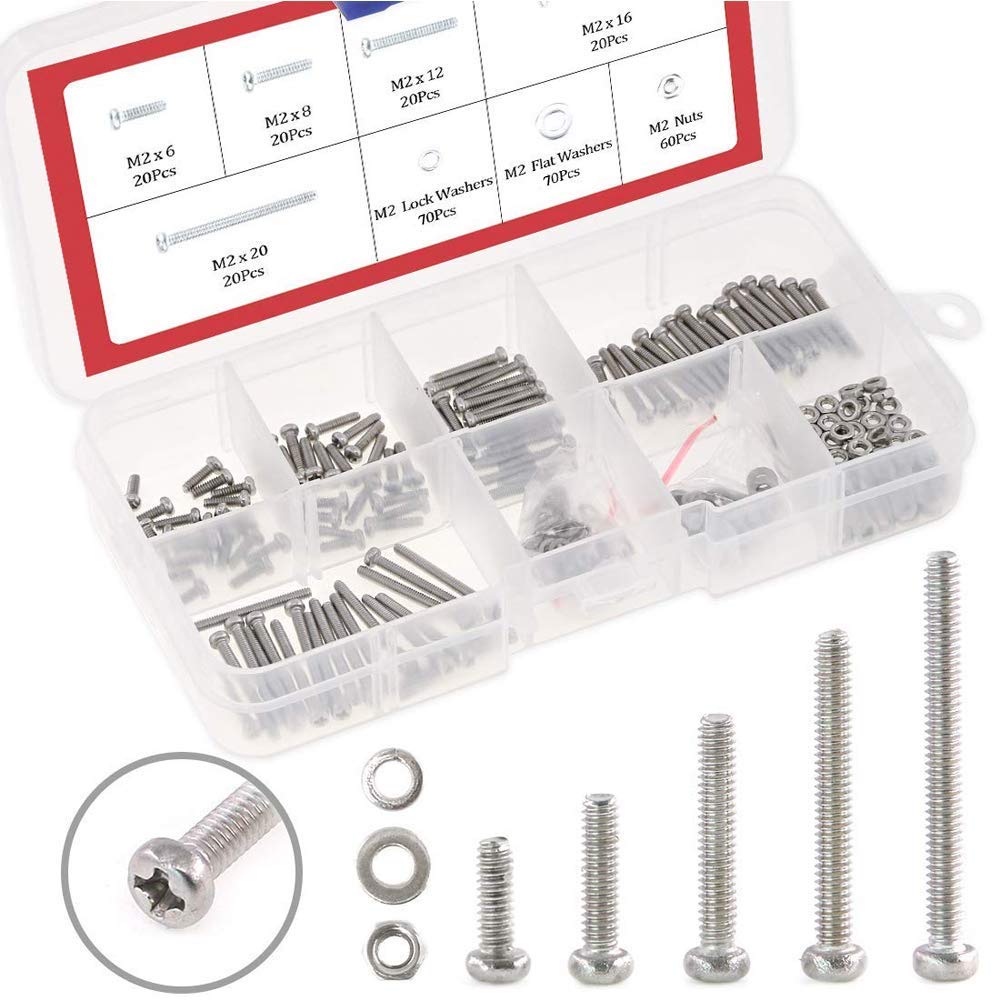 [Australia - AusPower] - Hilitchi 300-Piece M2 Phillips Pan Head Screws Bolt Nut Lock Flat Washers Assortment Kit, 304 Stainless Steel 