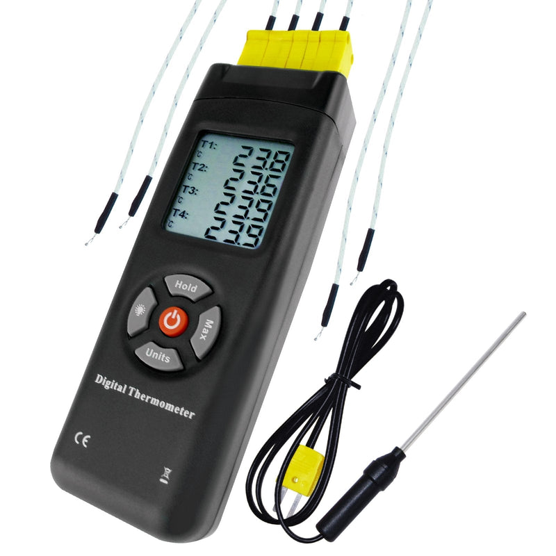 [Australia - AusPower] - Digital 4 Channels K Type Thermocouple Thermometer with Metal & Bead Probes, Handheld with Backlight, High Temp Meter Tester Multi Measurement Instrument Tool 