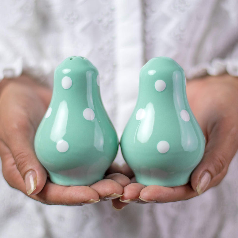 [Australia - AusPower] - Handmade Teal Blue and White Polka Dot Ceramic Salt and Pepper Pots, Shakers, Cruet Set, Holder, Housewarming Gift by City to Cottage® 