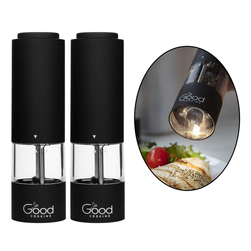 [Australia - AusPower] - Electric Pepper Grinder and Salt Mill (2 Pack)- Battery Operated One-Handed Spice Dispenser w LED Light & Adjustable Coarseness- Matte Black, Batteries Included 2 