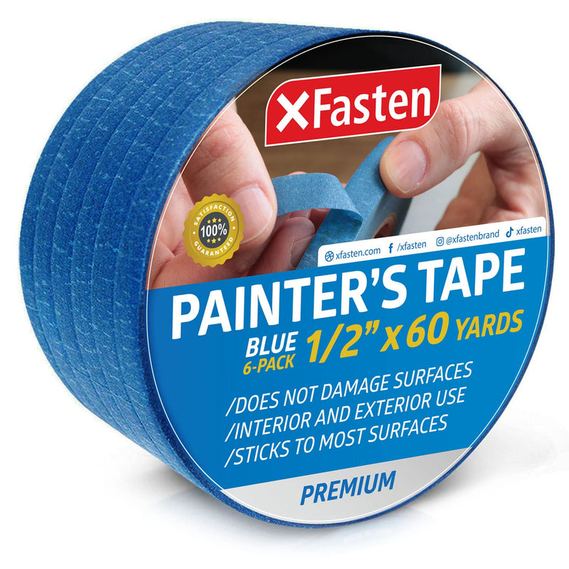 [Australia - AusPower] - XFasten Professional Blue Painters Tape, Multi-Use, 1/2-Inch by 60-Yard, Pack of 6, Blue Tape Bulk - Sharp Edge Line Technology, Produces Sharp Lines | Residue-Free and Artisan Grade Wall Trim Tape 1/2 Inch x 60 Yards (6-Pack) 