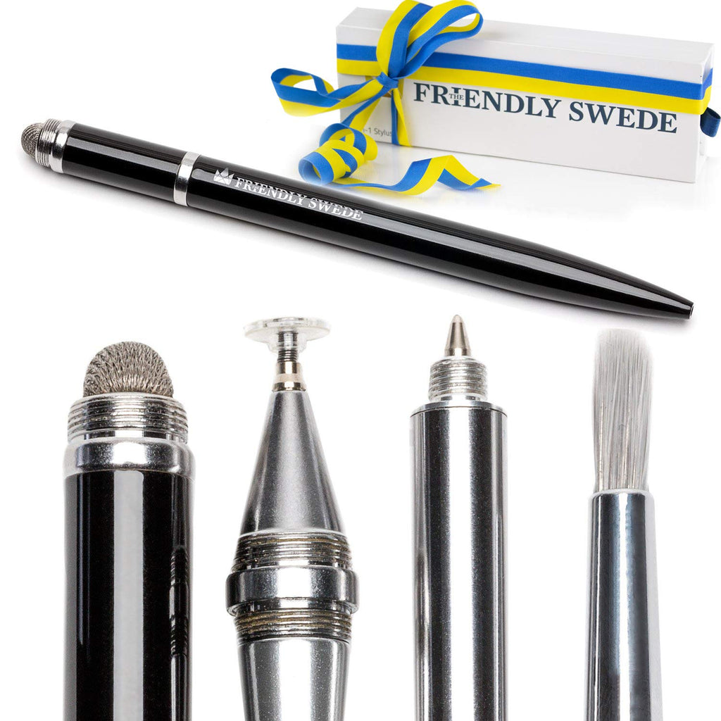 [Australia - AusPower] - Capacitive 4-in-1 Stylus Pen with Replaceable Brush, Fiber Tip, Precision Disc + Ballpoint Pen in Gift Box, by The Friendly Swede Black 