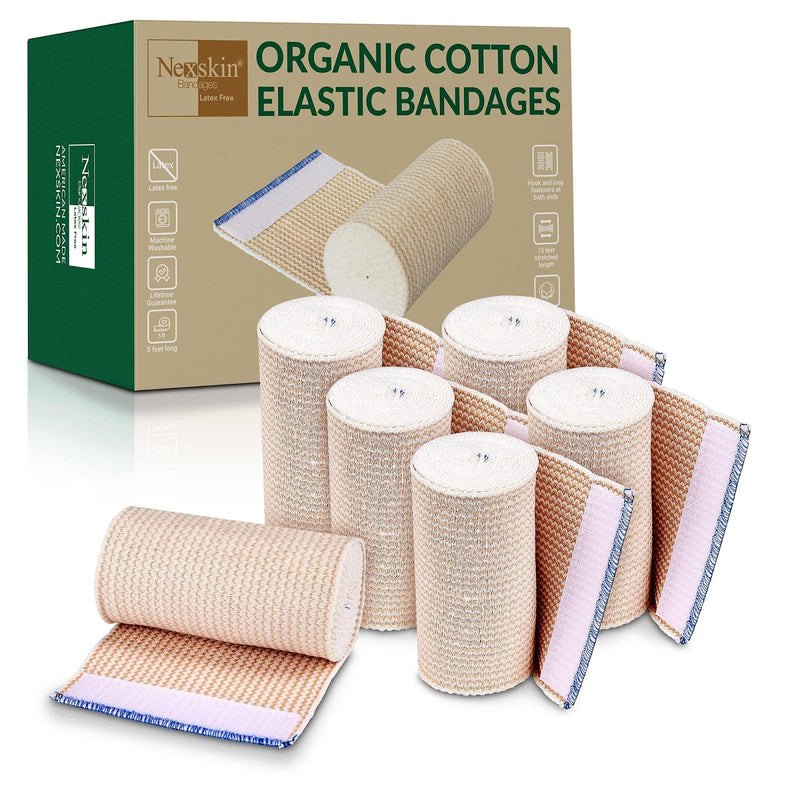 [Australia - AusPower] - Premium Elastic Bandage Wrap (4” Wide, 6 Pack) - Nexskin Latex Free Athletic/Medical Compression Bandages Hook & Loop Fasteners at Both Ends - Lifetime Washable & Reusable USA Organic Cotton Bandage 4 Inch (Pack of 6) 