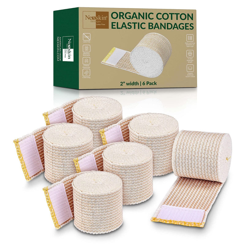 [Australia - AusPower] - Premium Elastic Bandage Wrap (2” Wide, 6 Pack) - Nexskin Latex Free Athletic/Medical Compression Bandages Hook & Loop Fasteners at Both Ends - Lifetime Washable & Reusable USA Organic Cotton Bandage 2 Inch (Pack of 6) 