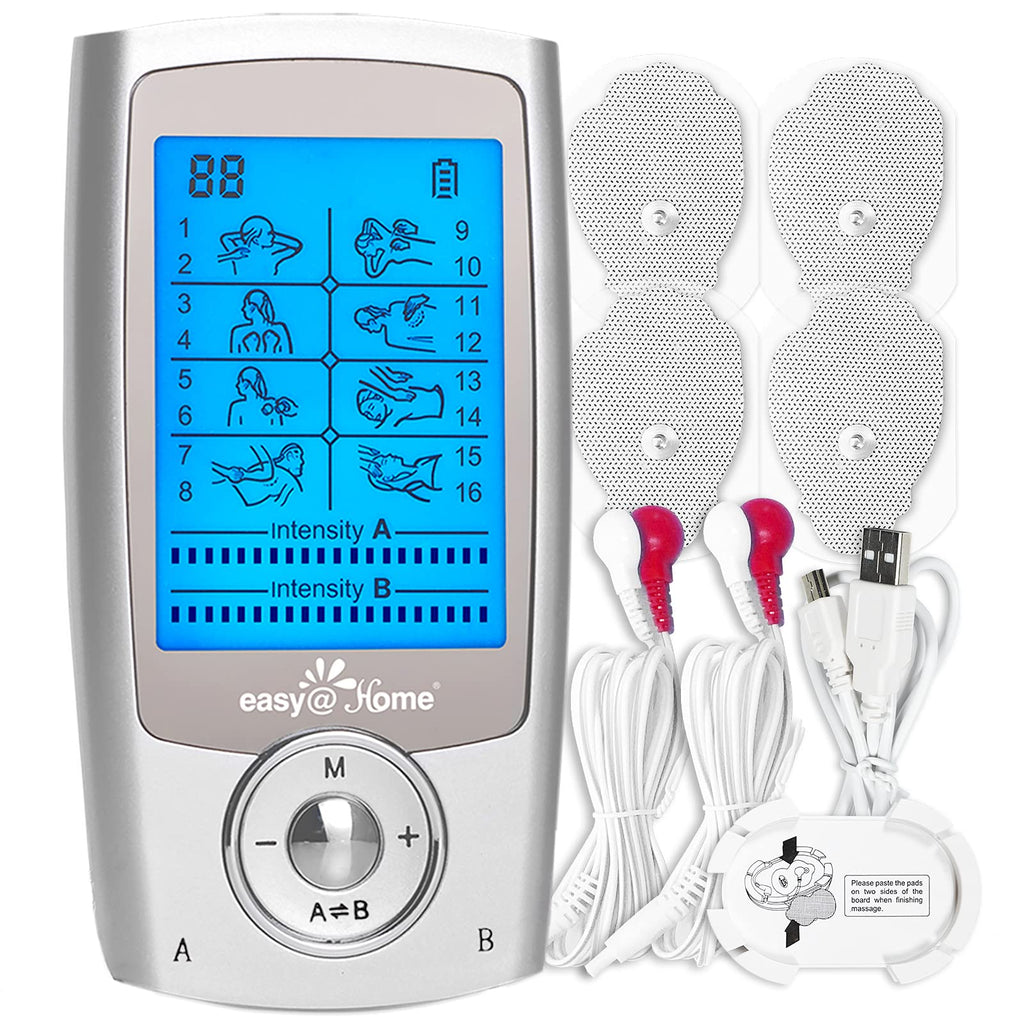 [Australia - AusPower] - Easy@Home Rechargeable TENS Unit + EMS Muscle Stimulator, 2 Independent Channels, 20 Intensity Levels, 8 Massage Types+16 Modes, 510K Cleared FSA Eligible Handheld Electronic Pulse Massager, EHE029G-B 