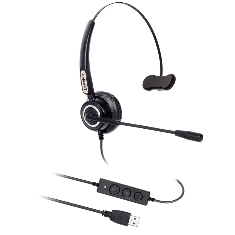 [Australia - AusPower] - Call Center Noise Cancelling Corded Monaural Headset Headphone with Mic Microphone with USB Plug for Computer and Laptop, Volume Control and Mute Switch 