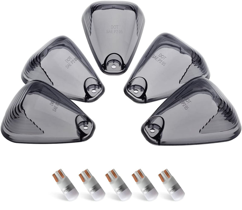 [Australia - AusPower] - HERCOO Smoke Roof Cab Marker Lights Lens w/LED Bulbs Aftermarket Replacement Compatible with F150 F250 F350 F450 F550 Super Duty (Qty:5 Smoke Lens + White LED 