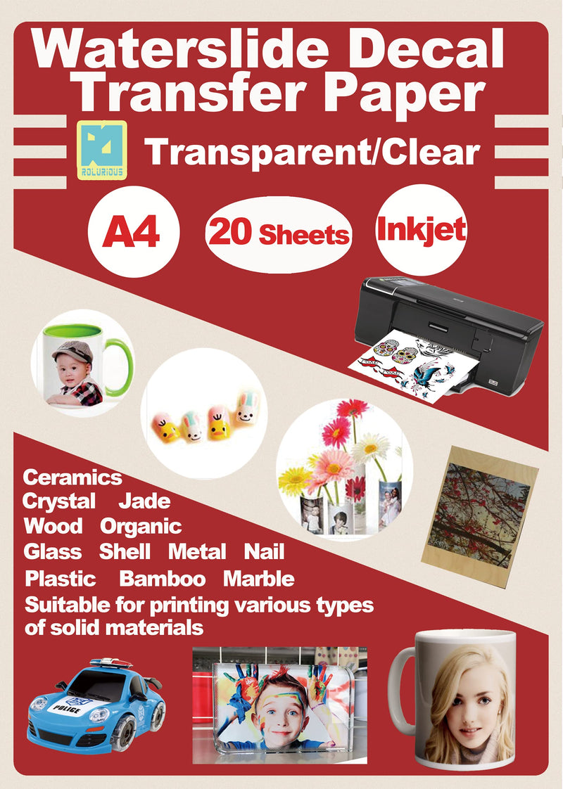 [Australia - AusPower] - Rolurious 20 Sheets DIY A4 Inkjet Waterslide Decal Transfer Paper Sheets Transparent Clear for Inkjet Printer 