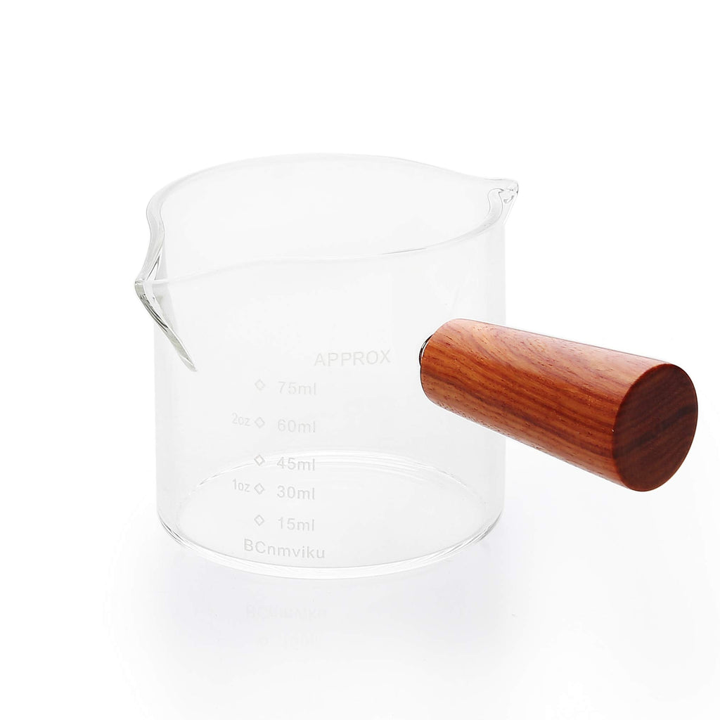 [Australia - AusPower] - 1 Pack Double Spouts Measuring Triple Pitcher Milk Cup with Wood Handle 75ML Espresso Shot Glasses Parts Clear Glass By BCnmviku 1 