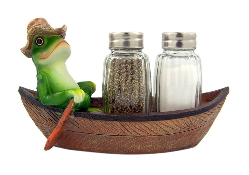 [Australia - AusPower] - Croak Creek Canoe Resin Frog in Canoe Figurine with Glass Salt and Pepper Shaker Set Holder, 7 Inch 