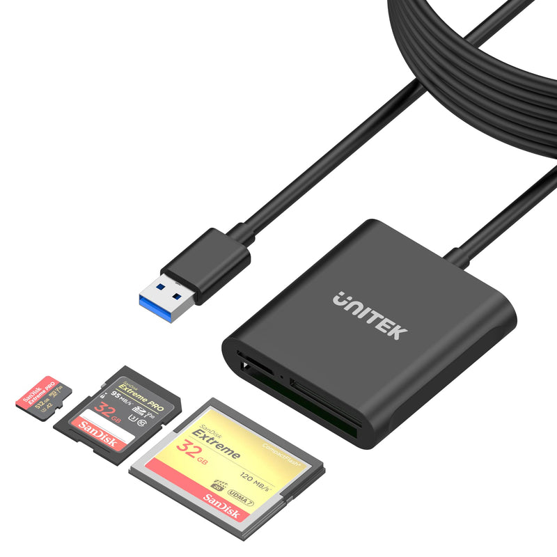 [Australia - AusPower] - Unitek USB Card Reader 3-Slot USB 3.0 Compact Flash Card Reader, Read 3 Cards Simultaneously, Aluminum Memory Card Adapter CF, TF, SDXC, SDHC, SD, Micro SDXC, Micro SD, Micro SDHC- 4FT (Black) 4ft / Black / USB-A 